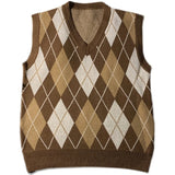 Riolio Spring Autumn Diamond Grid Candle Knitted Vest Men Women Loose Pullover Retro Outer Sleeveless Sweater Vest Aesthetic