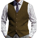 Riolio  Men Vest Brown Herringbone Solid Color V Neck Waistcoat For Wedding Business Banquet Work Formal Daily Casual Men Suit Vest