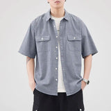 Riolio  Summer New Men Retro Casual Striped Short-sleeved Shirt Simple Versatile Lapel Fresh Cardigan