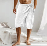 Riolio  Men's Bohemian Cotton Linen Shorts Side Tie Wrap Design Casual Summer Beachwear with Frayed Hem