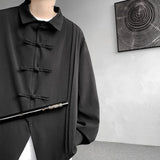 Riolio Men's Dial Buckle Solid Long Sleeve Shirt Chic Pleated Decor 2024 Spring New Loose Casual Traditional Chinese Style Clothing