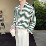 Riolio  Men's Clothing Premium Green White Striped Shirt Spring Summer Korean Style Loose Fit Draped Color Block Casual Trendy New