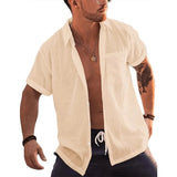 Riolio Mens Short Sleeve Button Up Shirts Linen Cotton Beach Tops Turn Down Collar Summer T Shirt with Pocket