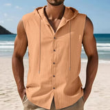 Riolio  Loose Casual American Style Men's Summer Linen Hooded Sleeveless Shirt Hip Hop Trendy Top Comfortable Breathable Garment