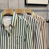 Riolio  Men's Clothing Premium Green White Striped Shirt Spring Summer Korean Style Loose Fit Draped Color Block Casual Trendy New