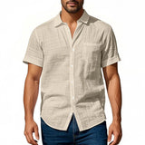 Riolio  Cross-border Men's Hawaiian Style Flax Casual Henry Neck Lapel Casual Short Sleeve Shirt