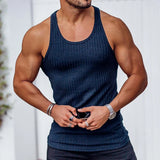 Riolio  Casual Solid Color Woven Tank Tops Men Fashion Slim Fit Crew Neck Sleeveless Vest For Mens Sports Training Fitness Ribbed Tops