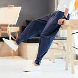 Riolio  Retro Chinese Style Cotton and Linen Trousers for Men Loose Buckles Tying Feet Harun Casual Pants