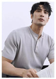 Riolio New Fashion American Style Men T-shirt Luxury Striped Knitted Henry Collar Tees Casual Solid Color Short Sleeve Breathable Tops