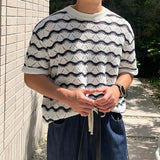 Riolio Summer Men's Knit Jacquard Short Sleeve T-shirts Striped Hollow Out Casual Tshirts New Y2K Vintage Streetwear Tee Tops