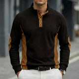 Riolio  Men's Ribbed Knit Long Sleeve Henley Shirt Stand Collar Contrast Color Splice Casual Top with Multiple Color Options