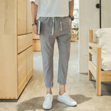 Riolio  Summer New Solid Color Elastic Waist Casual Ankle Length Pants Man Drawstring Pockets Fashion Casual Straight Trousers