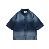 Riolio New Summer New Chinese Style Old Denim Short-sleeved Shirt Korean Style Men Women Loose Retro Button-up Shirt Jacket Aesthetic