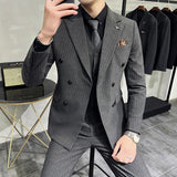 Riolio  ( Blazer+Vest+Pants ) Groom Wedding Male Suit Luxury Brand Fashion Striped Men's Casual Business Office Double Breasted Suit