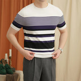 Riolio  Stylish Striped Knitting T Shirts Mens Summer Casual Breathable Slim Fit Tees Men Fashion Short Sleeve O Neck Knitted Pullovers