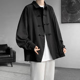 Riolio Men's Dial Buckle Solid Long Sleeve Shirt Chic Pleated Decor 2024 Spring New Loose Casual Traditional Chinese Style Clothing