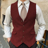 Riolio  Men Vest Blue Herringbone Solid Color Single Button Waistcoat For Wedding Business Banquet Work Formal Men Suit Vest