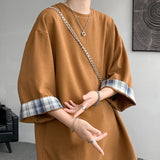 Riolio  Spring Summer Men's Ice Silk T-shirts Women Oversized Plaid T-shirt Korean Style Casual Seven sleeves T-Shirt Male