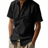 Riolio  Cross-border Men's Hawaiian Style Flax Casual Henry Neck Lapel Casual Short Sleeve Shirt