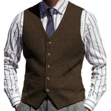 Riolio  Men Vest Brown Herringbone Solid Color V Neck Waistcoat For Wedding Business Banquet Work Formal Daily Casual Men Suit Vest