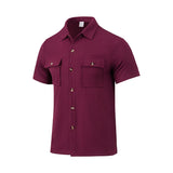 Riolio  Summer European and American cross-border men's waffle short-sleeved casual solid color lapel button-up pocket versatile shirt