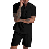 Riolio  Men's Cotton Linen Set Henley Shirts Shorts Outfits 2 Pieces Beach Clothes Vacation Matching Suit Summer Wear Shirt Sleeve