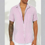 Riolio  Summer Men Striped Shirt Turn-down Collar Short Sleeve Casual Men Clothing Harajuku Streetwear Leisure Shirts For Male