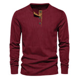 Riolio Spring and Autumn New Men's Long Sleeve T-shirt Corduroy Retro Casual Men's Clothing Slim Solid Color Long Sleeve Henley Shirt