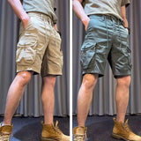 Riolio Men New Summer Cargo Shorts Male Fashion Loose Fit Casual Pants Multiple Pockets Solid Color Khaki Length Mid Trousers
