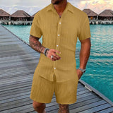 Riolio  European and American summer casual sports set trend loose solid color breathable cardigan short sleeved shorts set