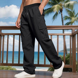 Riolio  Summer Men Straight‑Leg Cargo Pants Light‑Weight Fabric Daily Wear Elastic Waist Multi‑Pocket Outdoor Casual Trousers