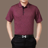 Riolio  Summer Middle-aged Elderly Men's Trend Lapel Button Printed Geometric Striped Pullover Casual Loose Short Sleeved T-shirts Tops