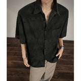 Riolio  Men Solid Color Turn Down Collar Short Sleeve Shirt Chest Pocket Loose Fit Textured Casual Button Up Top