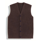 Riolio  New Luxury Casual Men Sweater Vest Leisure Trendy Knit V Neck Button-down Solid Color Sleeveless Cardigan Retro Basic Waistcoats