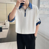 Riolio Mens Casual Polo Shirt Half Zip Contrast Collar Loose Fit Comfortable Turn Down Collar Tshirt Relaxed Breathable Top Fashion