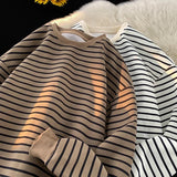 Riolio  Men's Tri-color Striped Sweatshirt American Classic Style Retro Casual Round Neck Top Unisex College Style Trendy Menswear