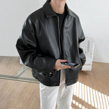 Riolio  Black PU Leather Oversized Coats Collar Zip-Up Men's Jacket Korean Style Faux Leather Casual Bomber Biker Jacket