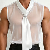 Riolio  Mens Mesh Sheer Satin Ribbon Sleeveless Vest Streetwear Fashion Nightclub Stage Niche Youth Tank Top Men'S Clothing New
