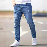 Riolio  Men's American Retro Hole-Punched Stretch Slim Fit Jeans Zipper Casual Streetwear Denim Pants Classic Black Blue Skinny Trousers