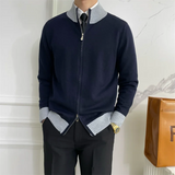 Riolio British Style Slim-fit Sweater with Stand-up Collar American Casual Color-blocked Zipper Cardigan Woolen Top Trendy Jacket Chic