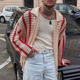Riolio  Fashion Stitching Contrast Knitted Cardigan Men's Lapel Collar Niche Design Retro Sweater Unisex Coat Versatile Striped Knitwear
