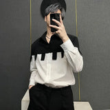 Riolio  Unisex Black White Color Block Shirt Long Sleeve Patchwork Button Front Shirt for Street Daily Wear