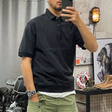 Riolio  American Retro Solid Color Summer Short-sleeved Polo Shirt Lapel T-shirt Men Pure Cotton Half-sleeved Top