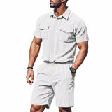 Riolio  Men's Summer Suit Amazon Corduroy Solid Pocket Shirt Short Sleeve Shorts Suit