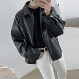 Riolio New Men's Casual Textured PU Leather Jacket Fashion Zipper Turn-down Collar Long Sleeve Coats High Quality  Korean Style Outfits