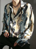 Riolio  Men Trendy Vintage Shirt Hong Kong Style Silk Satin Floral Loose Long Sleeve Rebellious Cool Smooth Drape Printed Oil Painting