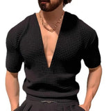 Riolio  Men's Deep V-Neck Waffle Knit Short Sleeve T-Shirt Slim Fit Casual Muscle Top