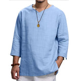 Riolio  Fashion New Men's V Neck 100% Cotton T-shirts Man Solid Color 3/4 Sleeves Split Button Tees Casual Loose T-Shirt For Male Tops