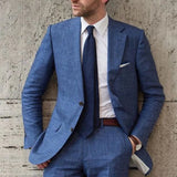 Riolio  Fashion Men's Suit 2 Pieces Blazer Pants Single Breasted Peaked Lapel Business Linen Denim Wedding Groom Tailored