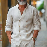 Riolio Vintage Double Breasted Linen Shirts Men Classic Stand Collar Solid Color Cotton Linen Cardigan Mens Tops Long Sleeve Shirt Male